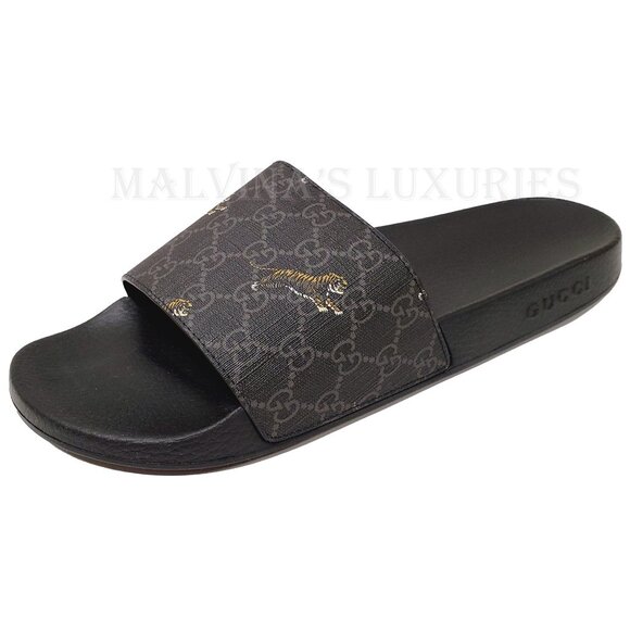 GUCCI SHOES MENS GG SUPREME CANVAS LOGO TIGER SLIDES SANDALS Size 9/ US 9.5 - Picture 7 of 15